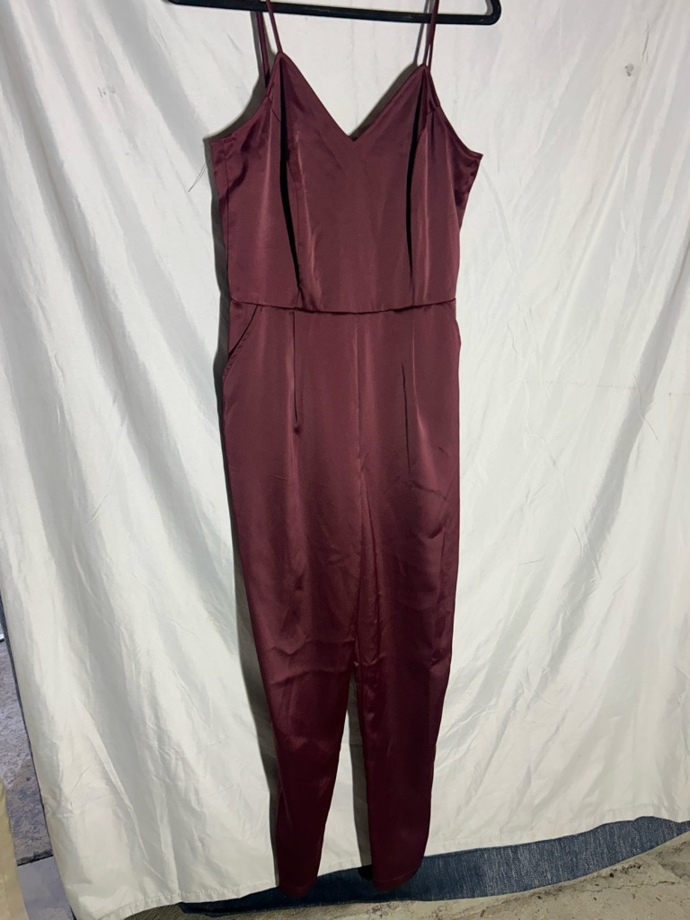 Lulu's Burgundy V-Neck Satin Jumpsuit